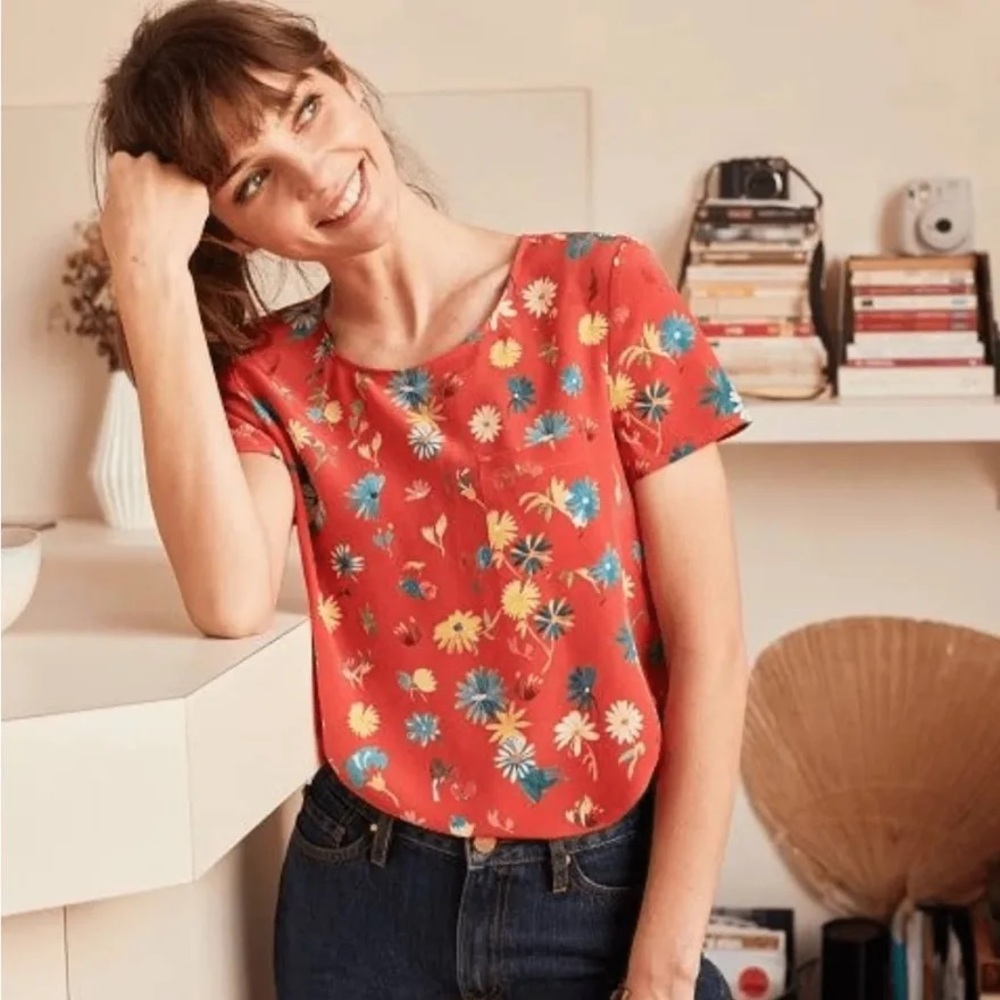 G. KERO x SEZANE WARRY ORANGE FLORAL PRINT SILK BLOUSE - Picture 10 of 11